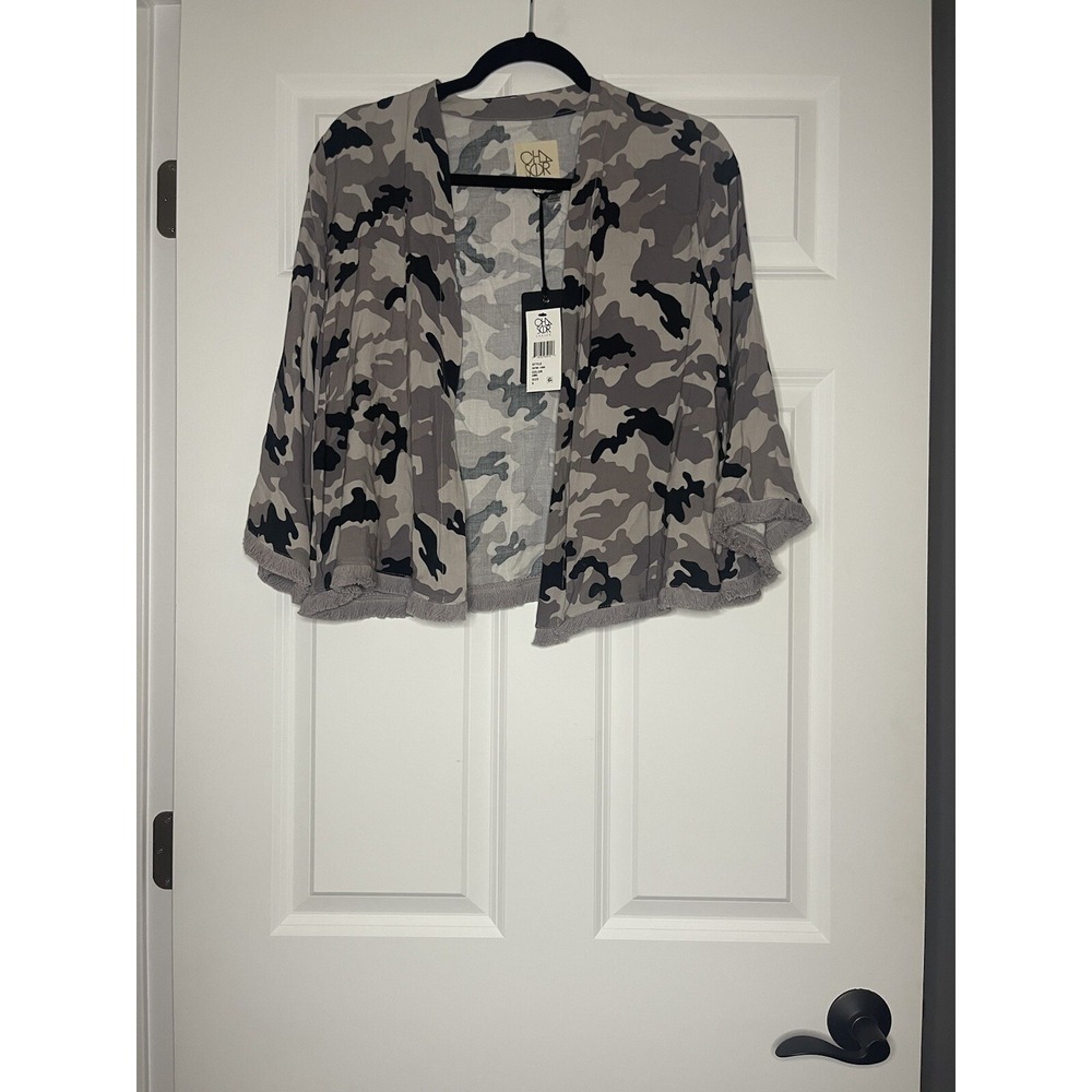 Chaser Open Front Frayed Camouflage Kimono cardigan small black gray  NWT $80